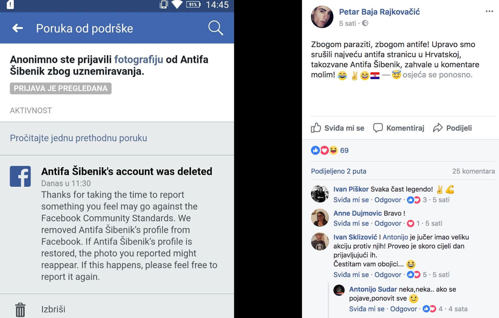 Facebook screenshoot ; Izvor: Antifašistički vjesnik