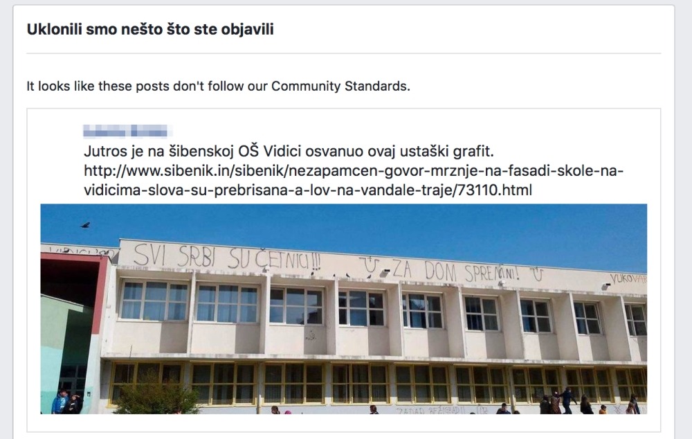 Uklonjeni sadržaj sa Fejsbuka; Izvor: Antifašistički vjesnik